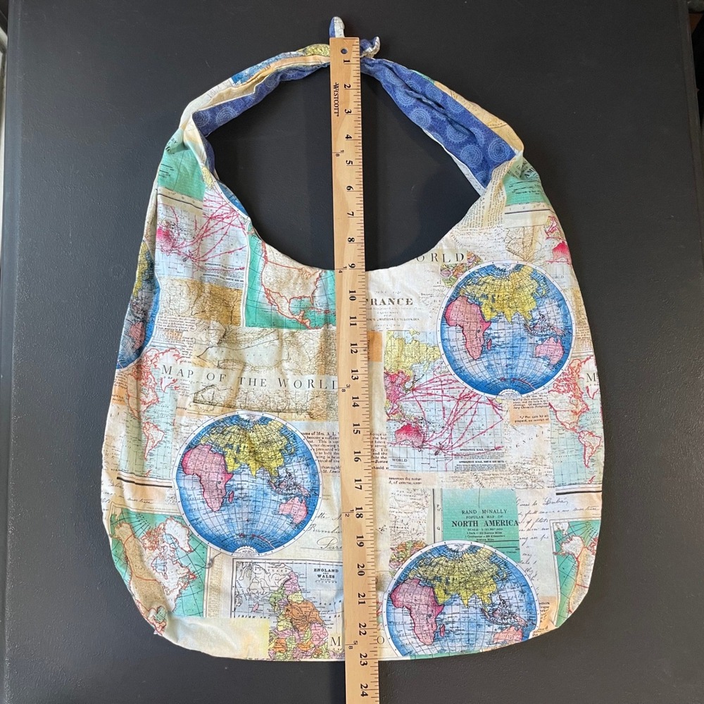 Handmade Tote Bag World Map Globe Travel Print Tie Top Shoulder Bag Boho Novelty - Picture 5 of 7